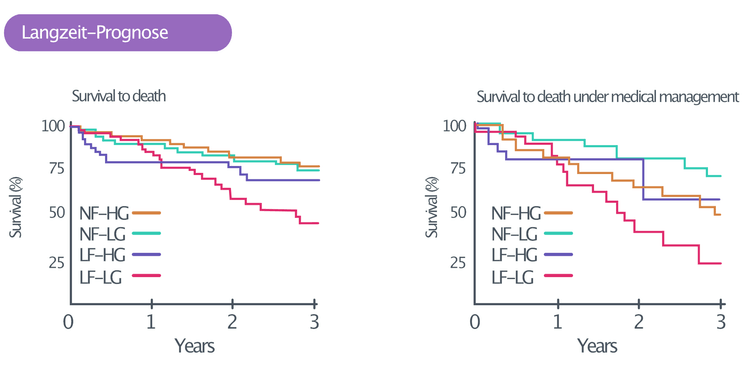 Abbildung 3. Prognose bei Aortenklappenstenose nach Art der Stenose. Patienten mit Low-Flow (Schlagvolumen-Index <35 ml/m²) und Low-Gradient (<40 mmHg) zeigten die schlechteste Prognose. NF = Normal Flow; LF = Low Flow; HG = High Gradient; LG = Low Gradient. Angepasst nach Eleid et al.