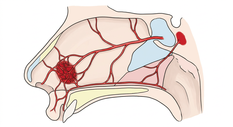 Nasenseptum von der Seite mit fünf Arterien, die sich im vorderen unteren Abschnitt knapp hinter dem Nasenloch zu einem dichten Gefäßnetz vereinigen, und einem zweiten Gefäßgebiet weit hinten an der Choane