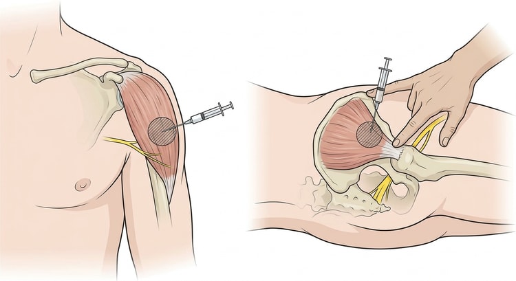 Zwei Panels: Schulter von vorn mit dem Deltoideusmuskel und der Injektionsstelle sowie Hüfte in Seitenlage, wobei die Hand des Untersuchers ein Dreieck über dem Gluteus medius bildet