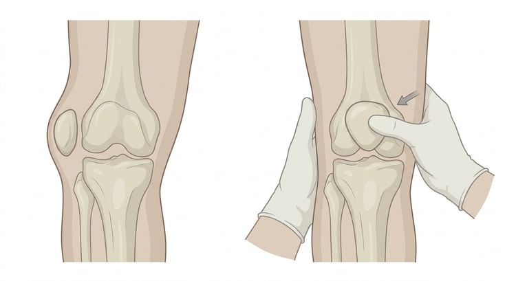 Rechtes Knie von vorn, links mit seitlich verschobener Kniescheibe und rechts mit einem Daumen, der sie zur Mittellinie zurückdrückt