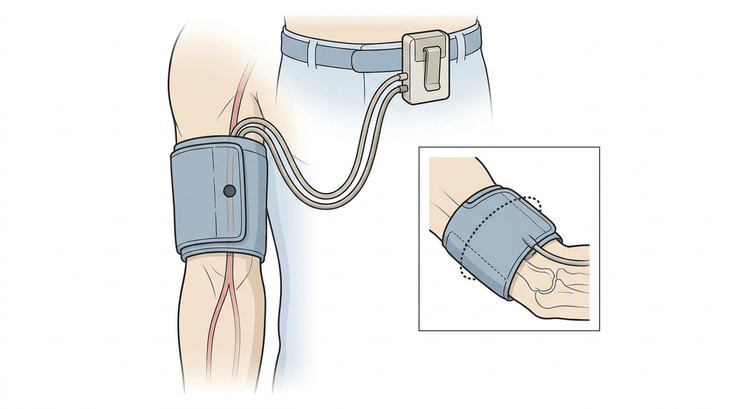 Oberarm von vorn mit einer mittig am Oberarm platzierten Blutdruckmanschette, der Schlauch nach oben zu einem Registriergerät am Gürtel geführt, sowie eine Detailabbildung der Ausdehnung der Manschettenblase um den Arm