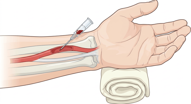 Handgelenk von der Handflächenseite mit der A. radialis und einem flach eingeführten arteriellen Katheter