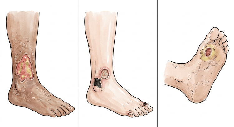 Drei Unterschenkel nebeneinander mit einem venösen Ulkus oberhalb des Malleolus medialis, einem arteriellen Ulkus über dem Malleolus lateralis und an einer Zehe sowie einem von Kallus umgebenen Ulkus an der Fußsohle