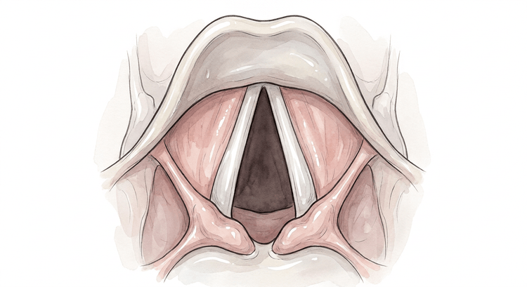 Laryngoskopische Sicht auf den Kehlkopfeingang mit der Epiglottis oben, den weißen Stimmbändern um die dreieckige Glottisöffnung und den Aryknorpeln unten