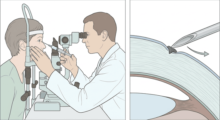 Zwei Teilbilder: Patient an der Spaltlampe, während der Untersucher mit am Wangenknochen abgestützter Hand eine Kanüle zum Auge führt, sowie eine Nahaufnahme im Hornhautquerschnitt, in dem die Kanülenspitze einen eingebetteten Partikel tangential anhebt