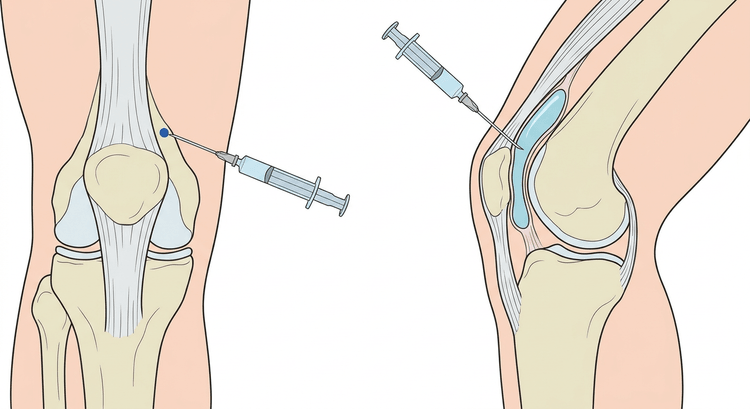 Kniegelenk von vorn mit der Punktionsstelle an der oberen lateralen Ecke der Patella und Sagittalschnitt mit der Nadelspitze im flüssigkeitsgefüllten Recessus oberhalb der Kniescheibe