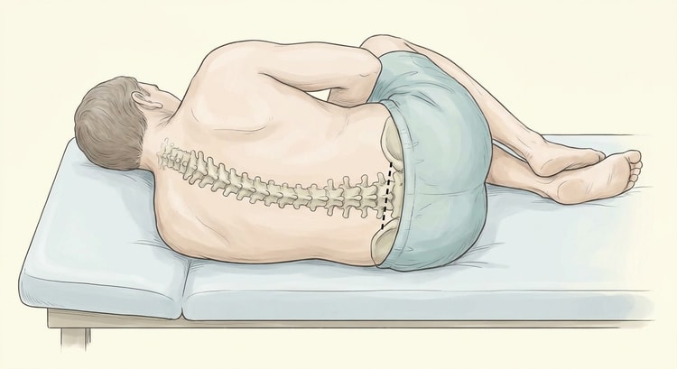 Patient in Seitenlage mit angezogenen Knien und gekrümmtem Rücken, von hinten gesehen, mit einer gestrichelten Linie zwischen den Beckenkämmen