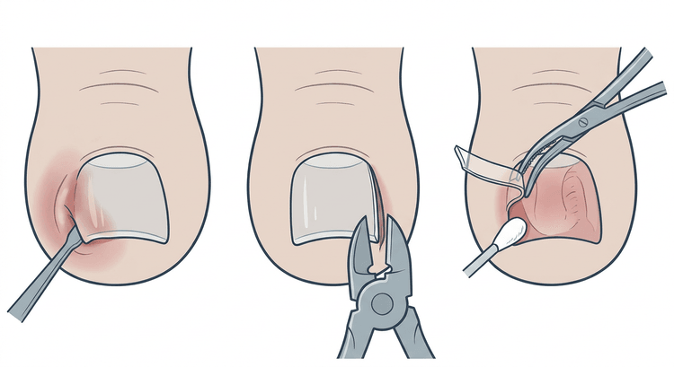 Drei Teilbilder der partiellen Nagelextraktion an der Großzehe: Elevatorium unter dem Nagelrand, Nagelzange beim Längsschnitt und das gelöste Segment, das herausgedreht wird, während ein Wattestäbchen zum Matrixhorn geführt wird