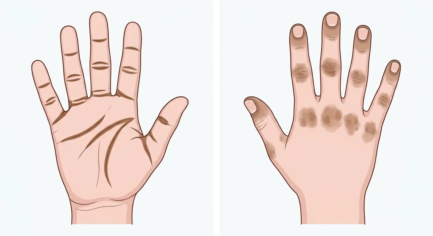 Rechte Hand von palmar mit braun pigmentierten Beugefalten und von dorsal mit brauner Pigmentierung über den Knöcheln und um die Nagelfalze.