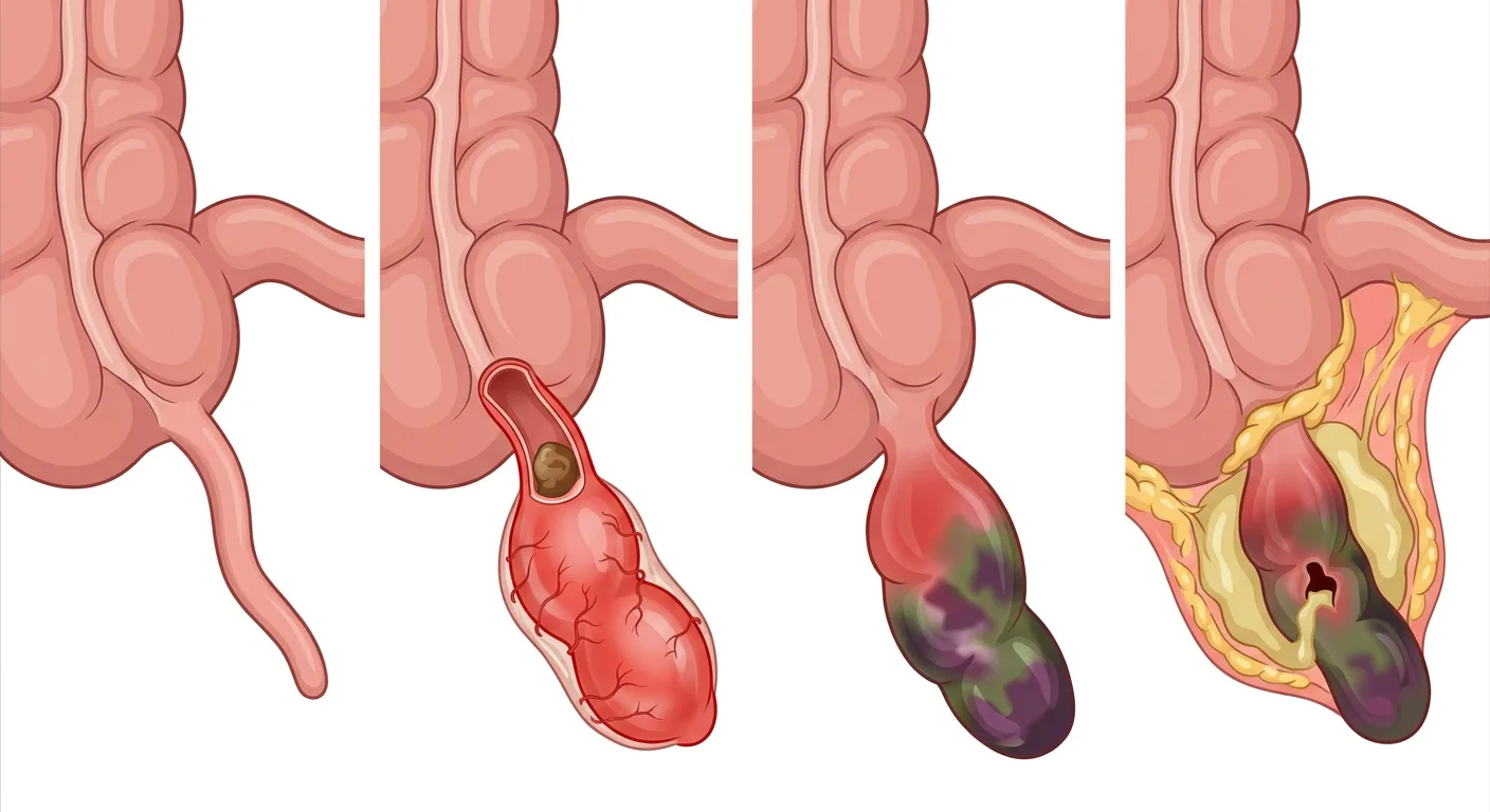 Vier Darstellungen des Zäkums mit Appendix: normal, entzündet mit Fäkolith, gangränös und perforiert mit Abszess, umgeben von Omentum.