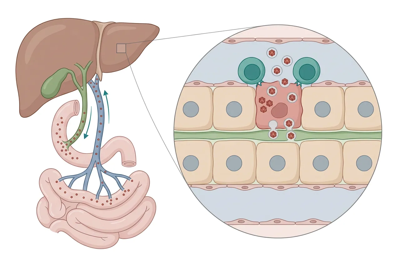 Zweiteilige Illustration: links Leber, Gallenwege, Duodenum und Dünndarm in Frontalansicht, wobei rote Viruspartikel vom Dünndarm über die Vena mesenterica superior und die Vena portae zur Leber und weiter über den Ductus choledochus in das Duodenum gelangen. Rechts eine Vergrößerung des Lebergewebes mit einer Hepatozytenplatte zwischen zwei Sinusoiden, in der ein infizierter, rötlich getönter Hepatozyt membranumhüllte Viruspartikel in das Sinusoid und das grüne Gallenkanälchen abgibt, während zwei T-Zellen ihm anliegen.