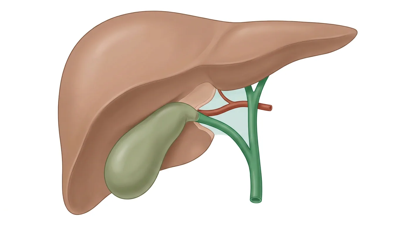 Illustration von Leber und Gallenblase von vorn. Ein grüner Ductus cysticus und eine rote Arteria cystica sind die einzigen Strukturen, die in den Gallenblasenhals eintreten, durch ein freipräpariertes hepatozystisches Dreieck vor einem helleren, freigelegten Leberbett.