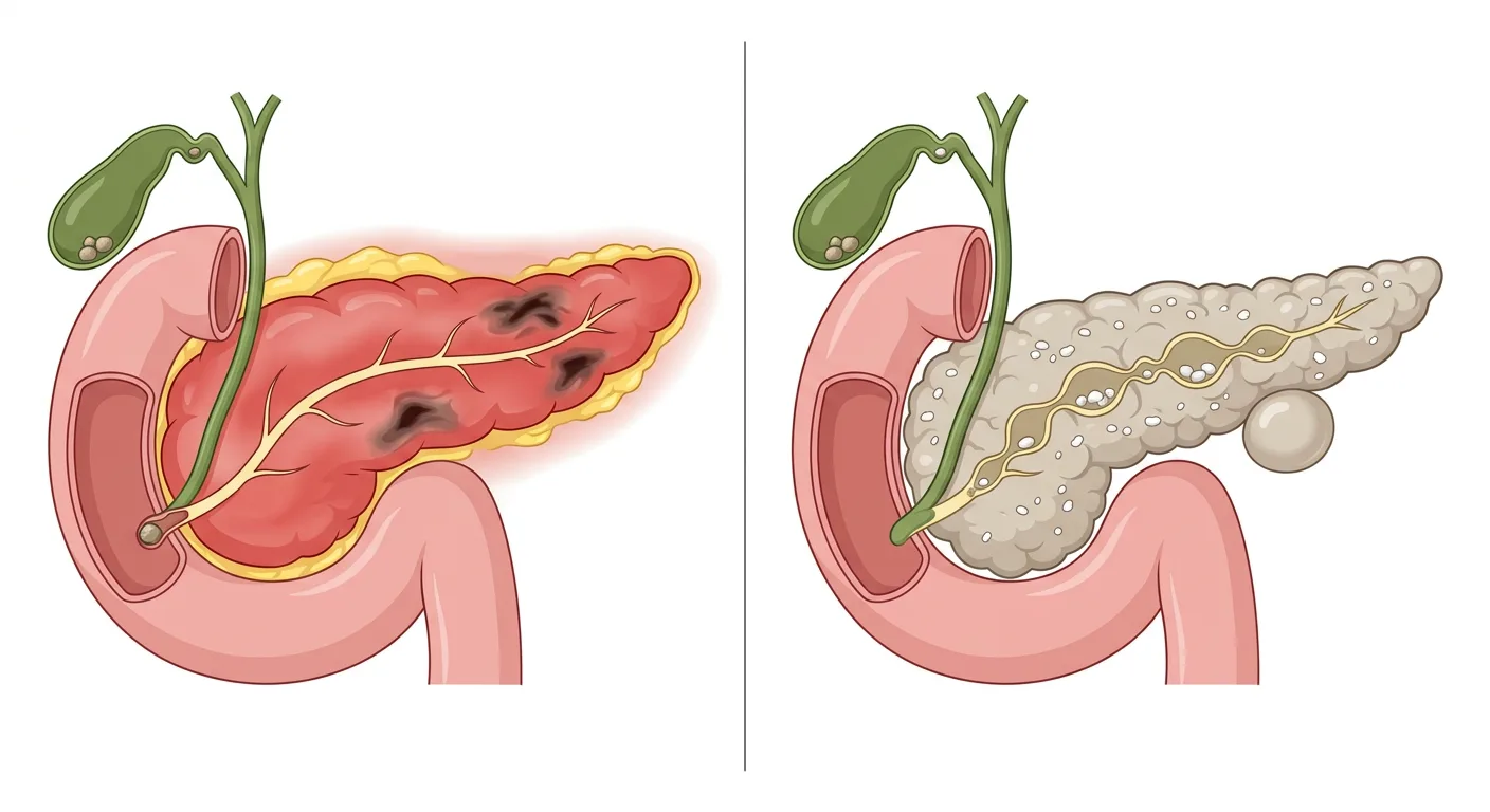 Zwei Darstellungen des Pankreas nebeneinander. Links ein geschwollenes, gerötetes Pankreas mit nekrotischen Arealen, entzündetem umgebendem Fettgewebe und einem Gallenstein in der Papille. Rechts ein blasses, fibrotisches Pankreas mit Verkalkungen, einem erweiterten, perlschnurartigen Pankreasgang mit Steinen und einer Pseudozyste.
