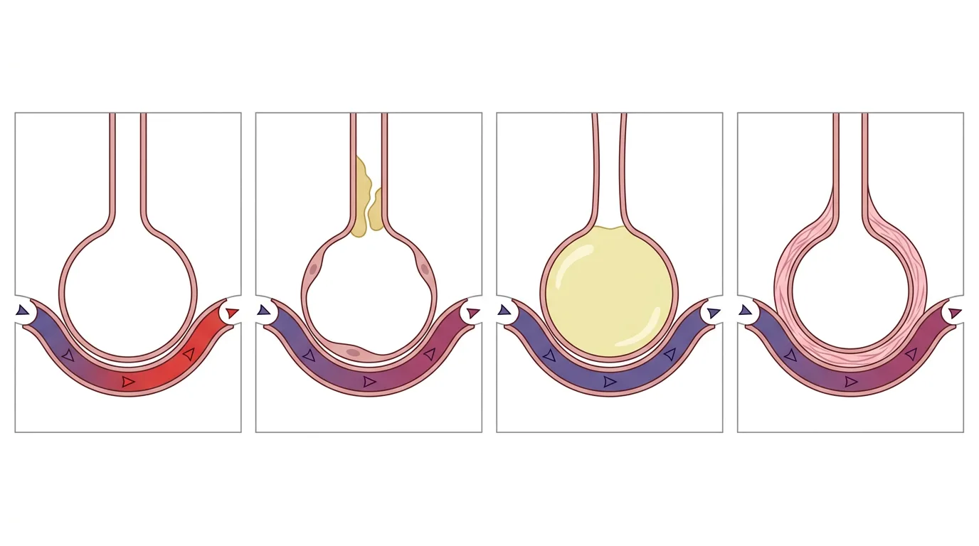 Vier schematische Alveolen mit Kapillaren: normal, schleimverlegter Atemweg, flüssigkeitsgefüllte Alveole und verdickte Alveolarwand, mit Blutfarbe von Blau nach Rot oder unverändert.