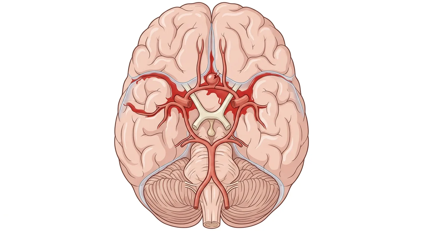 Hirnbasis mit Circulus arteriosus Willisii und einem rupturierten sakkulären Aneurysma der Arteria communicans anterior. Blut hat sich in den basalen Zisternen und den lateralen Fissuren ausgebreitet.