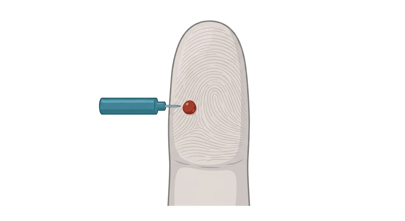 Fingerkuppe in Frontalansicht mit der Fingerbeere zum Betrachter. Eine Lanzette wird am lateralen Anteil der Fingerbeere, seitlich der Mitte, angesetzt, und an derselben Stelle hat sich ein kleiner Blutstropfen gebildet.