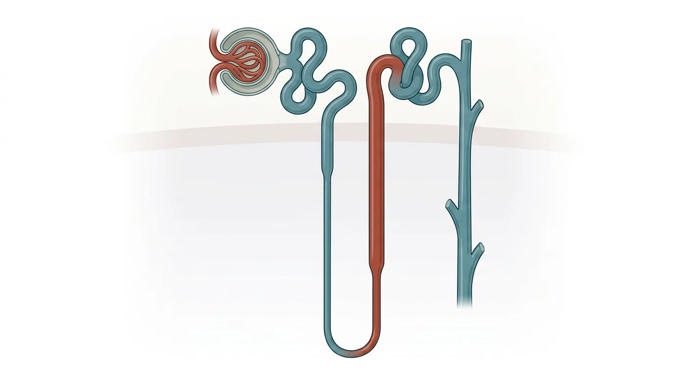 Illustration eines Nephrons: Das Nierenkörperchen liegt oben links, der dünne absteigende Teil der Henle-Schleife zieht ins Mark hinab, und der breitere aufsteigende Teil verläuft zurück nach oben zum distalen Tubulus und zum Sammelrohr.