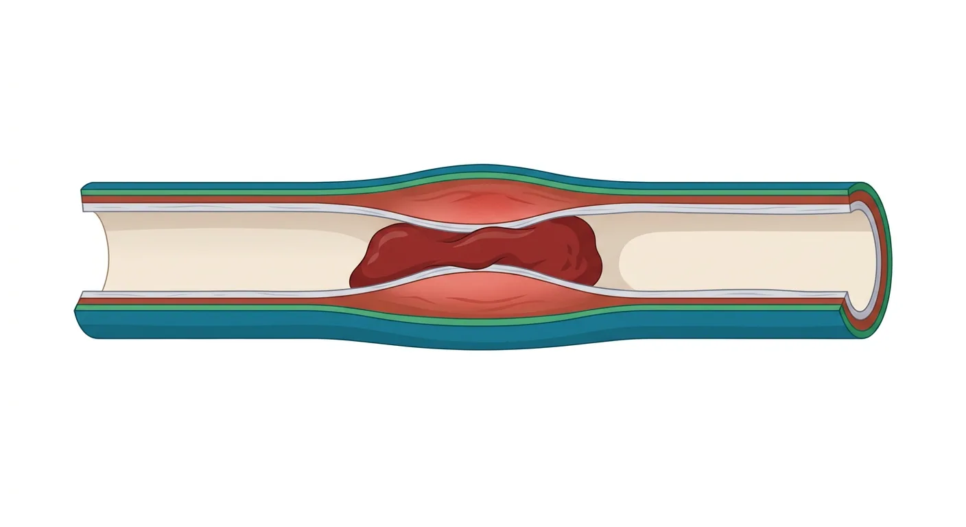 Längsschnitt durch eine Vene mit eröffnetem Lumen. Die Gefäßwand ist im mittleren Abschnitt verdickt und gerötet, und ein dunkelroter Thrombus haftet breitbasig an der Wand, während das Gefäß beiderseits des Thrombus offen ist.
