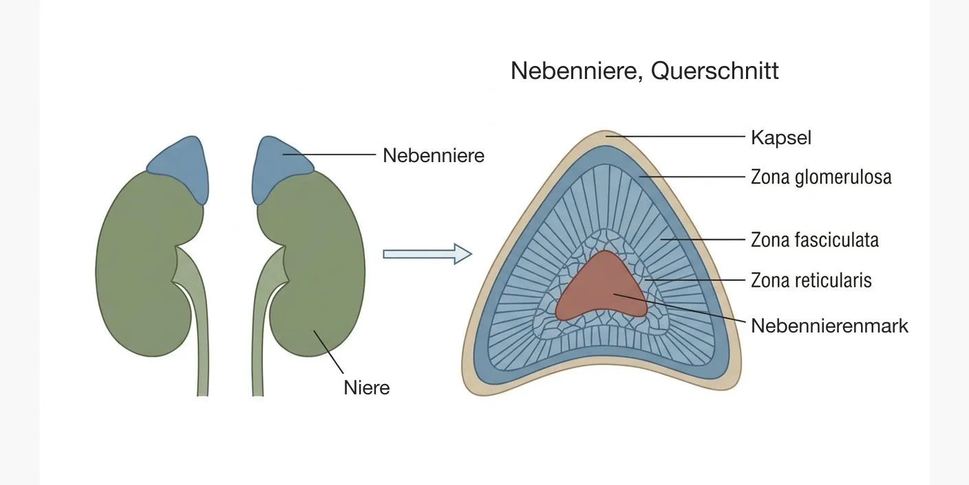 Die Nebennieren als keilförmige Organe auf den oberen Nierenpolen sowie ein Querschnitt durch die Nebenniere mit Kapsel, drei Rindenzonen und zentralem Mark.