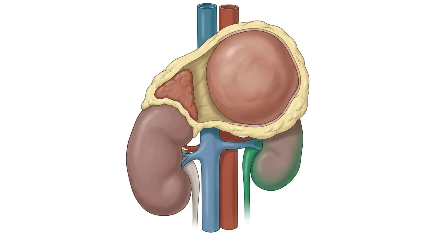 Gezeichnete Frontalansicht des Retroperitoneums mit einem großen rundlichen Tumor in der linken Nebennierenloge, umgeben von gelblichem Fettgewebe oberhalb des oberen Nierenpols. Vena cava inferior und Aorta verlaufen vertikal medial des Tumors, und eine kleine normale Nebenniere ist oberhalb der rechten Niere zu sehen.