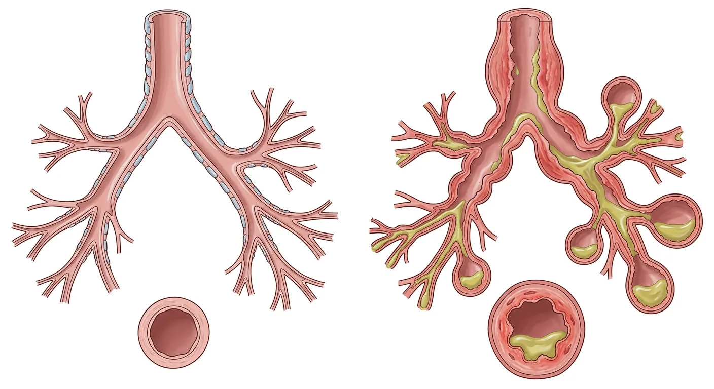 Normal verzweigter Bronchialbaum neben einem Bronchialbaum mit Bronchiektasen, jeweils mit Querschnitt.
