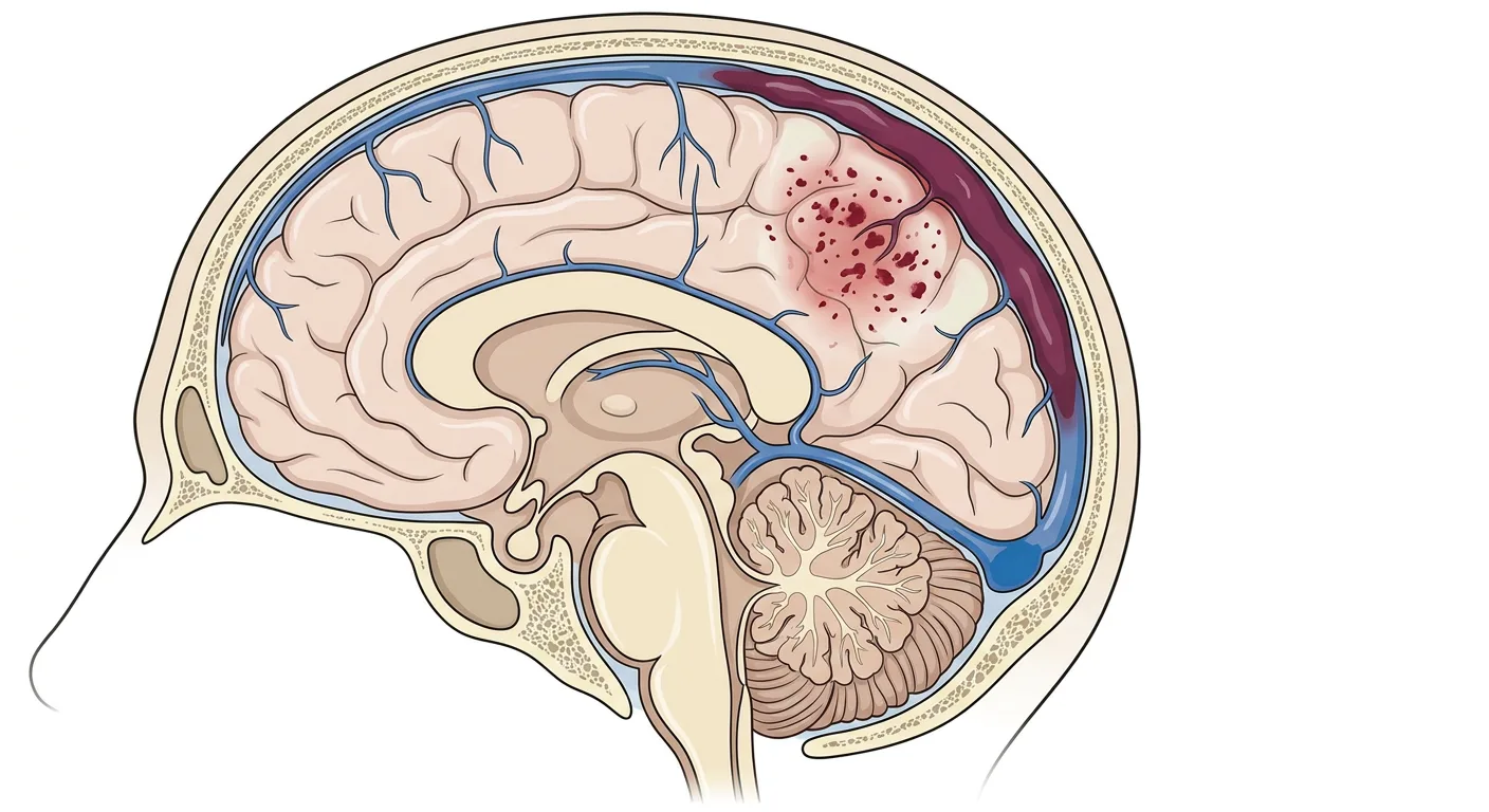Medianschnitt des Kopfes mit Thrombose im hinteren Abschnitt des Sinus sagittalis superior und einem angrenzenden parasagittalen hämorrhagischen venösen Infarkt.