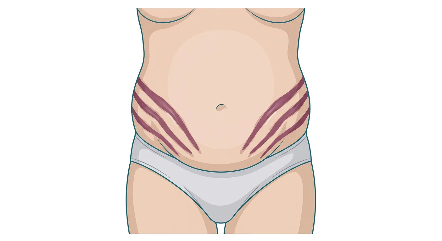 Gezeichneter unterer Rumpf von vorn bei einer Person mit abdomineller Adipositas. An beiden Flanken und am Unterbauch zeigen sich mehrere breite, rotviolette Striae in parallelen, schräg nach unten verlaufenden Bändern.