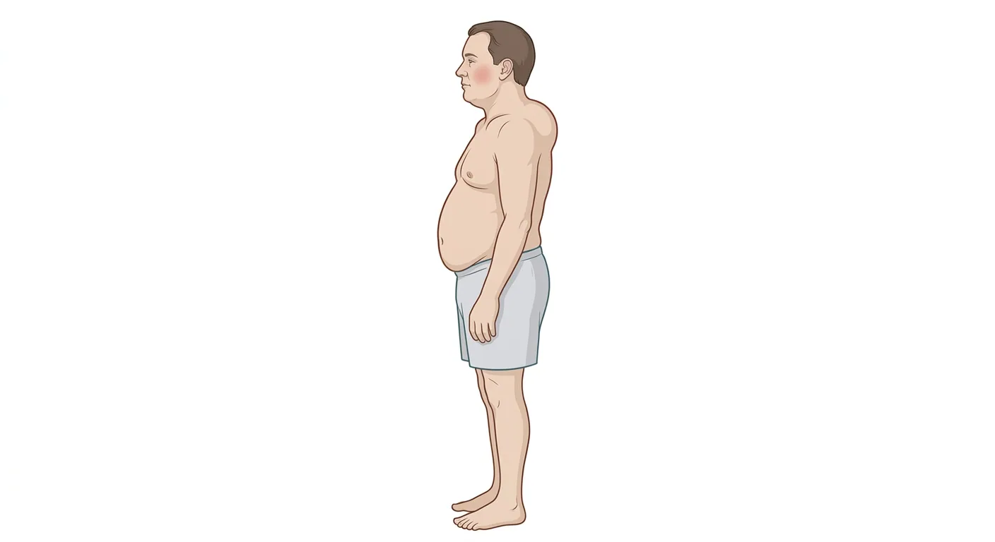 Gezeichneter Mann im Profil mit rundem, vollem Gesicht und geröteter Wange, kurzem und breitem Hals, massiver stammbetonter Adipositas sowie auffallend schlanken Armen und Beinen.