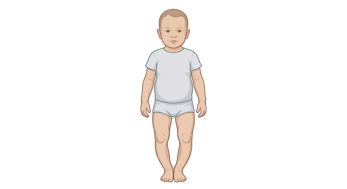 Gezeichnetes Kleinkind in grauem T-Shirt und Shorts, frontal stehend, mit aneinanderliegenden Sprunggelenken und nach außen gebogenen Beinen, sodass zwischen den Knien ein deutlicher Abstand besteht.