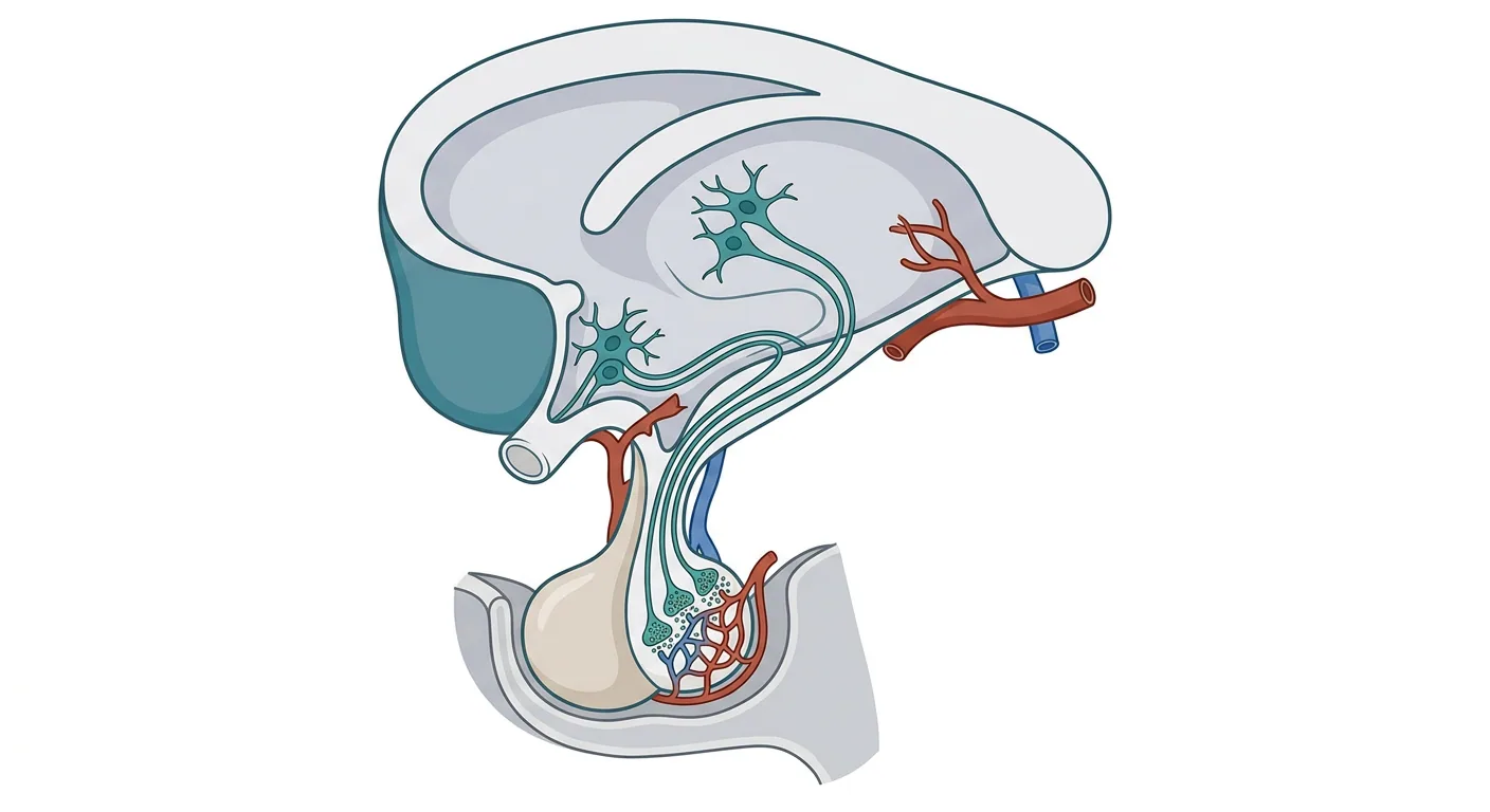 Sagittalschnitt durch Hypothalamus und Hypophyse, in dem Nervenzellen des Hypothalamus ihre Axone durch den Hypophysenstiel zur Neurohypophyse senden, deren Nervenendigungen Kapillaren anliegen. Die Adenohypophyse liegt vor der Neurohypophyse und enthält keine Nervenendigungen.