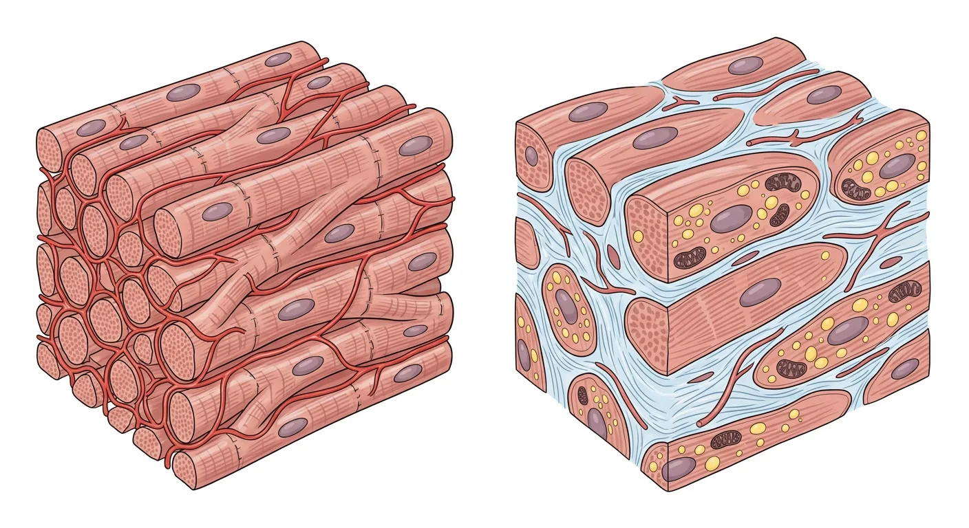 Zwei Gewebeblöcke des linksventrikulären Myokards nebeneinander: gesundes Myokard mit dichten, parallelen Kardiomyozyten und reichlichem Kapillarnetz sowie diabetisches Myokard mit verdickten Kardiomyozyten, Lipidtröpfchen, geschädigten Mitochondrien, interstitiellem Kollagengewebe und weniger Kapillaren.