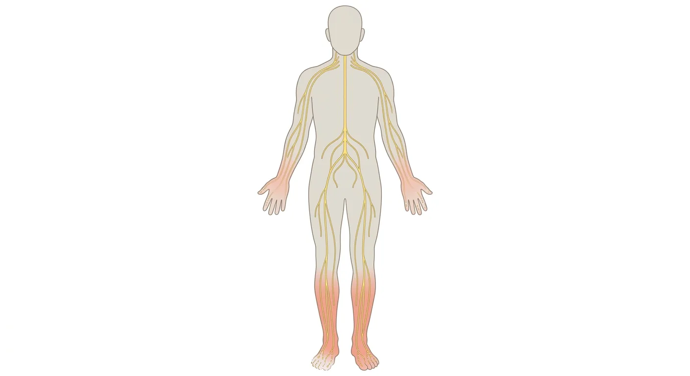 Ganzkörperansicht von vorn mit peripheren Nerven in Gelb. Füße, Unterschenkel und Hände sind rötlich getönt, und die Nervenenden in Zehen und Fingern sind fragmentiert.