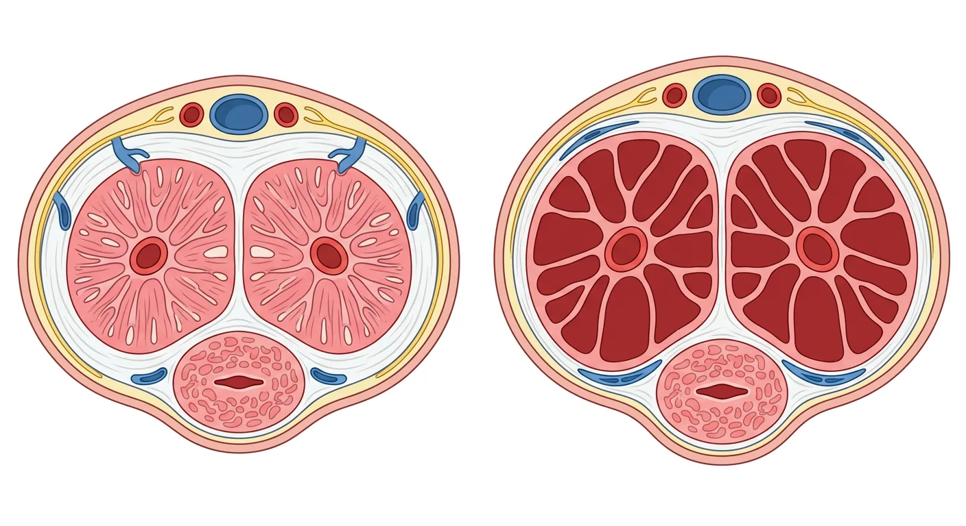 Querschnitt des Penis im schlaffen und erigierten Zustand mit Schwellkörpern, kavernösen Arterien, Sinusoiden und subtunikalen Venen.