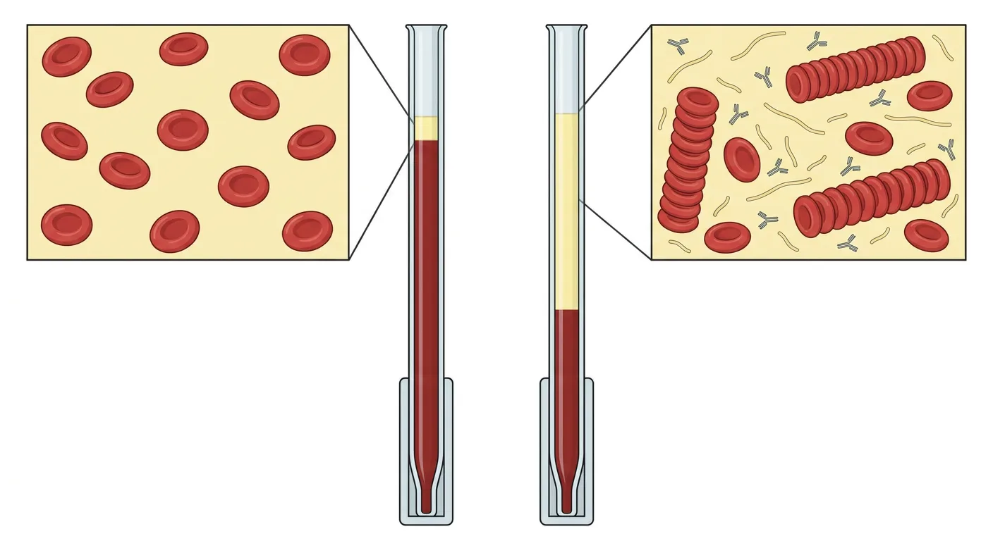 Zwei Westergren-Röhrchen mit vergrößerten Blutausschnitten: links frei schwebende Erythrozyten und eine dünne Plasmaschicht, rechts Geldrollenaggregate zwischen Fibrinogen und Antikörpern und eine deutlich höhere Plasmaschicht.