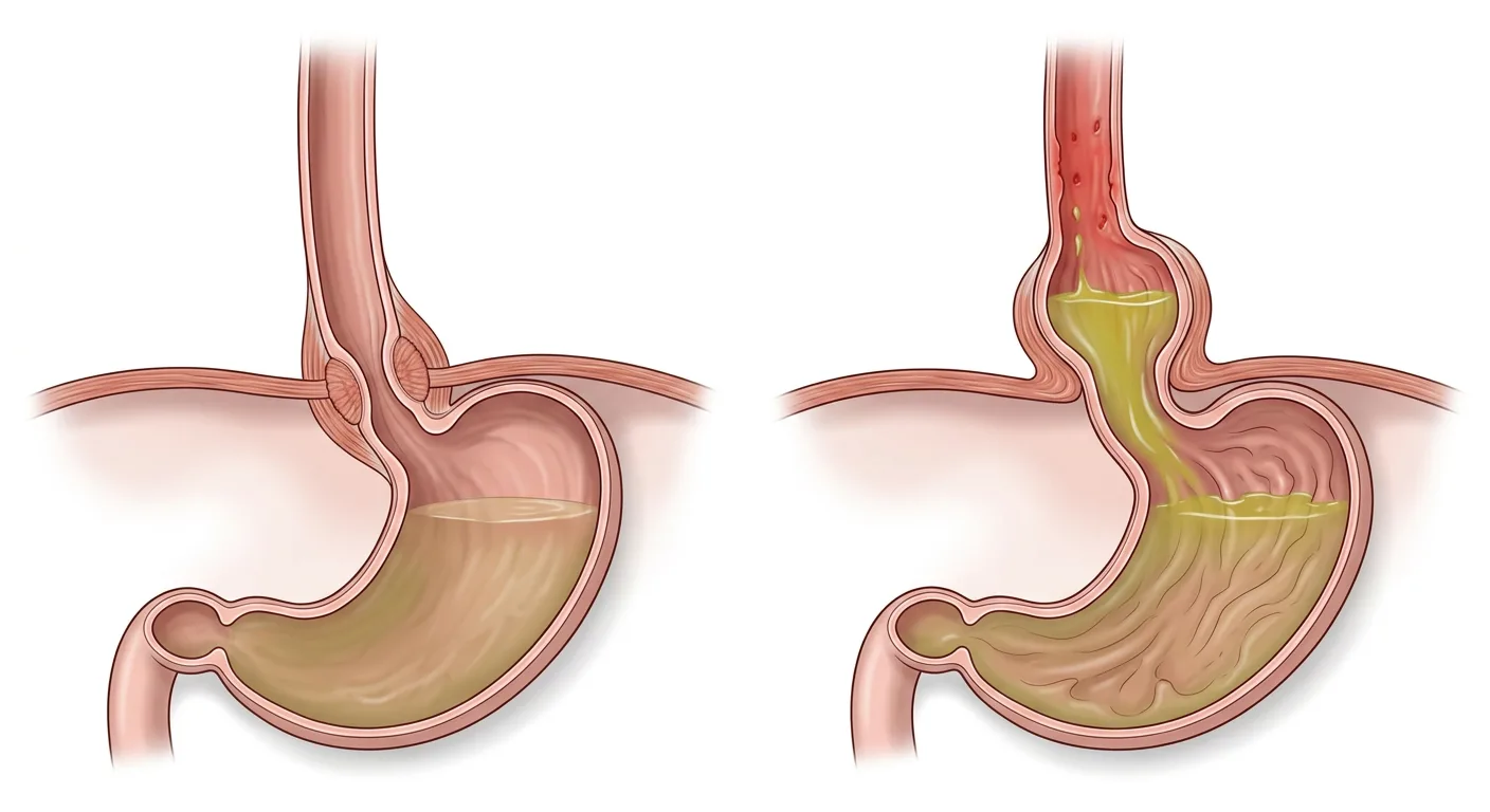 Zwei Schnittbilder des ösophagogastralen Übergangs: links normale Anatomie mit dem unteren Ösophagussphinkter auf Höhe des Zwerchfells, rechts eine axiale Gleithernie mit saurem Reflux in einen entzündeten distalen Ösophagus.