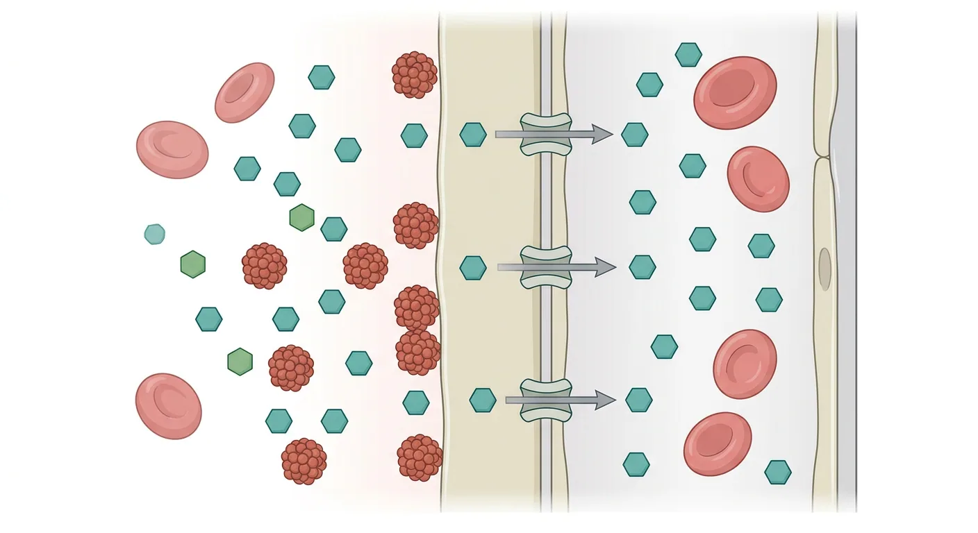 Schematische Darstellung der Plazentaschranke, in der kleine Glukosemoleküle über Transportkanäle aus dem mütterlichen Blut in eine fetale Kapillare gelangen, während größere Insulinmoleküle auf der mütterlichen Seite verbleiben.