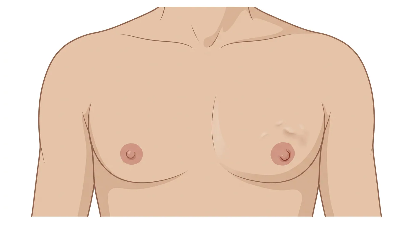 Frontalansicht des Brustkorbs eines Mannes. Die rechte Seite ist unauffällig; auf der linken Seite finden sich eine unregelmäßige Hauteinziehung oberhalb und lateral der Areola sowie eine eingezogene Mamille.