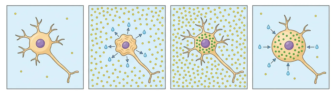Vier Felder mit derselben Nervenzelle: normale Größe, geschrumpfte Zelle, die in natriumreicher Umgebung Wasser abgibt, wiederhergestelltes Zellvolumen mit intrazellulären Osmolyten und geschwollene Zelle, die nach rascher Natriumsenkung Wasser aufnimmt.