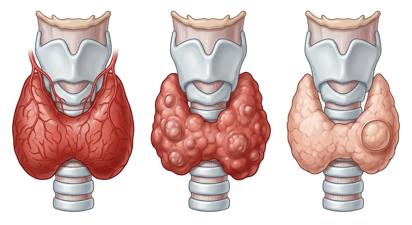 Drei Frontalansichten der Schilddrüse auf der Trachea unterhalb des Kehlkopfs: eine diffus vergrößerte, stark vaskularisierte Drüse, eine vergrößerte knotige Drüse mit mehreren Knoten und eine Drüse mit einem solitären abgekapselten Knoten.