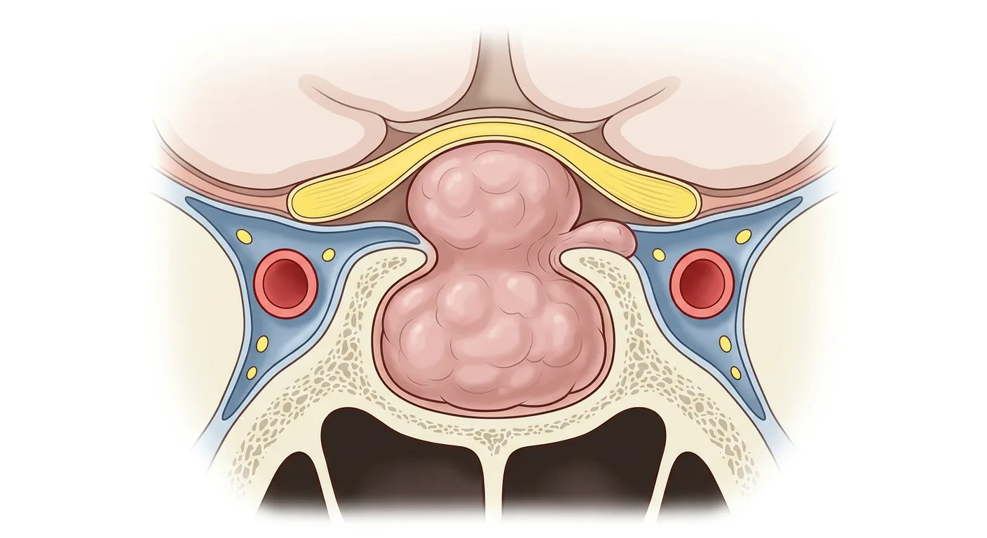 Koronaler Schnitt durch die Sella turcica mit einem Makroadenom, das suprasellär wächst und die Sehnervenkreuzung nach oben drückt, mit Sinus cavernosus und Arteria carotis interna beidseits und dem Sinus sphenoidalis darunter.