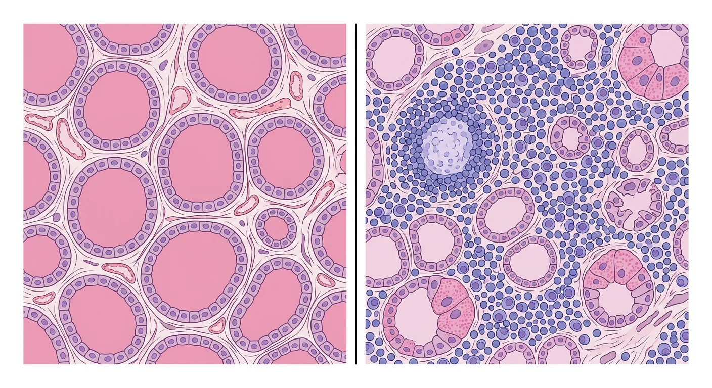 Illustration von normalem Schilddrüsengewebe neben Gewebe bei Hashimoto-Thyreoiditis mit dichter lymphozytärer Infiltration und wenigen, kleinen Follikeln.