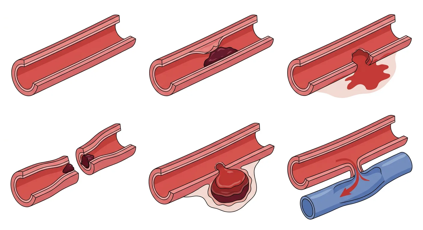 Sechs aufgeschnittene Arteriensegmente, die eine normale Arterie und fünf Typen traumatischer Arterienverletzung zeigen.