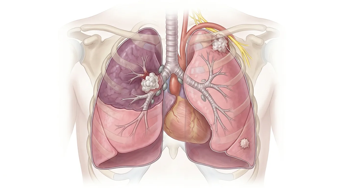 Lungen von vorn mit einem zentralen Tumor am rechten Hilus, einem dunklen, luftleeren rechten Oberlappen, vergrößerten Lymphknoten an Hilus und Carina, einem kleinen spikulierten peripheren Rundherd im linken Unterlappen und einem apikalen Tumor in der linken Lungenspitze nahe dem Plexus brachialis.