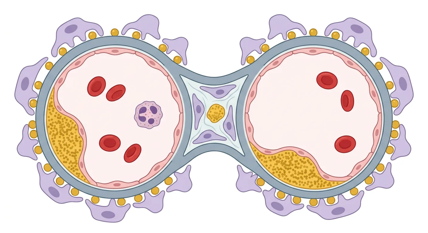 Schematische Querschnittsdarstellung zweier Glomeruluskapillaren und des Mesangiums mit gelben Immunkomplexablagerungen im Mesangium, zwischen Endothel und Basalmembran sowie an der Außenseite der Basalmembran.