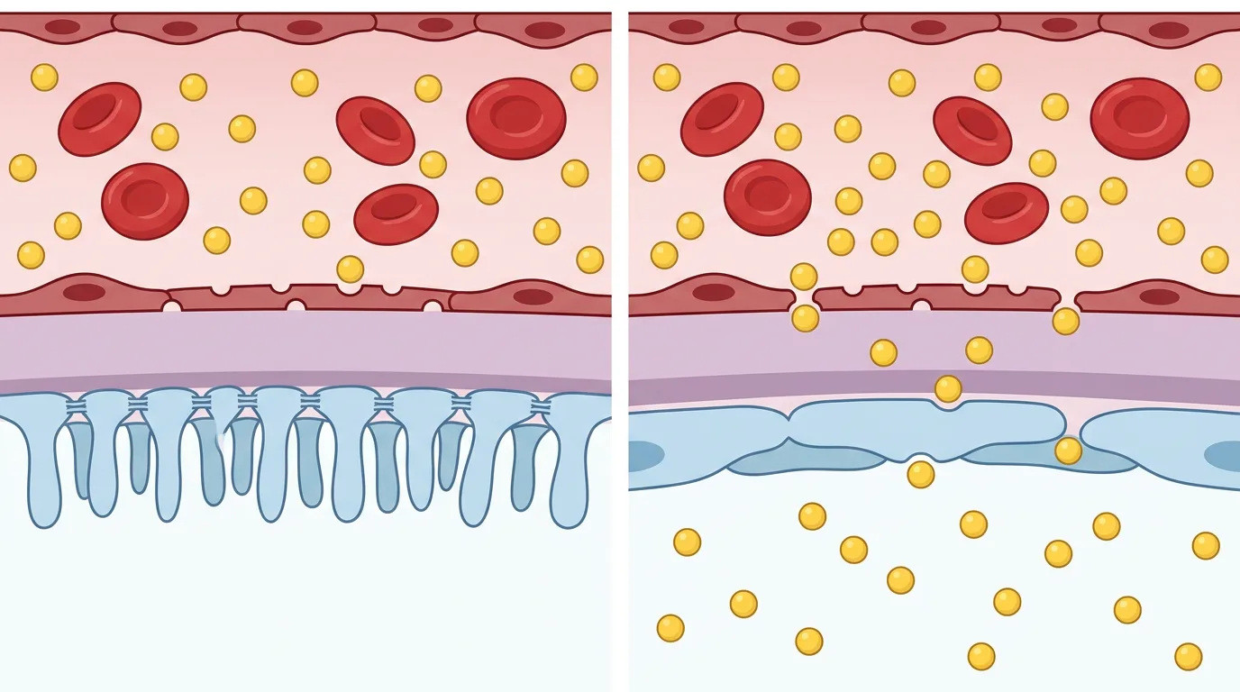 Schematischer Vergleich der glomerulären Filtrationsbarriere: links normale Podozytenfußfortsätze, rechts verstrichene Fußfortsätze mit Albumin, das in den Bowman-Raum übertritt.