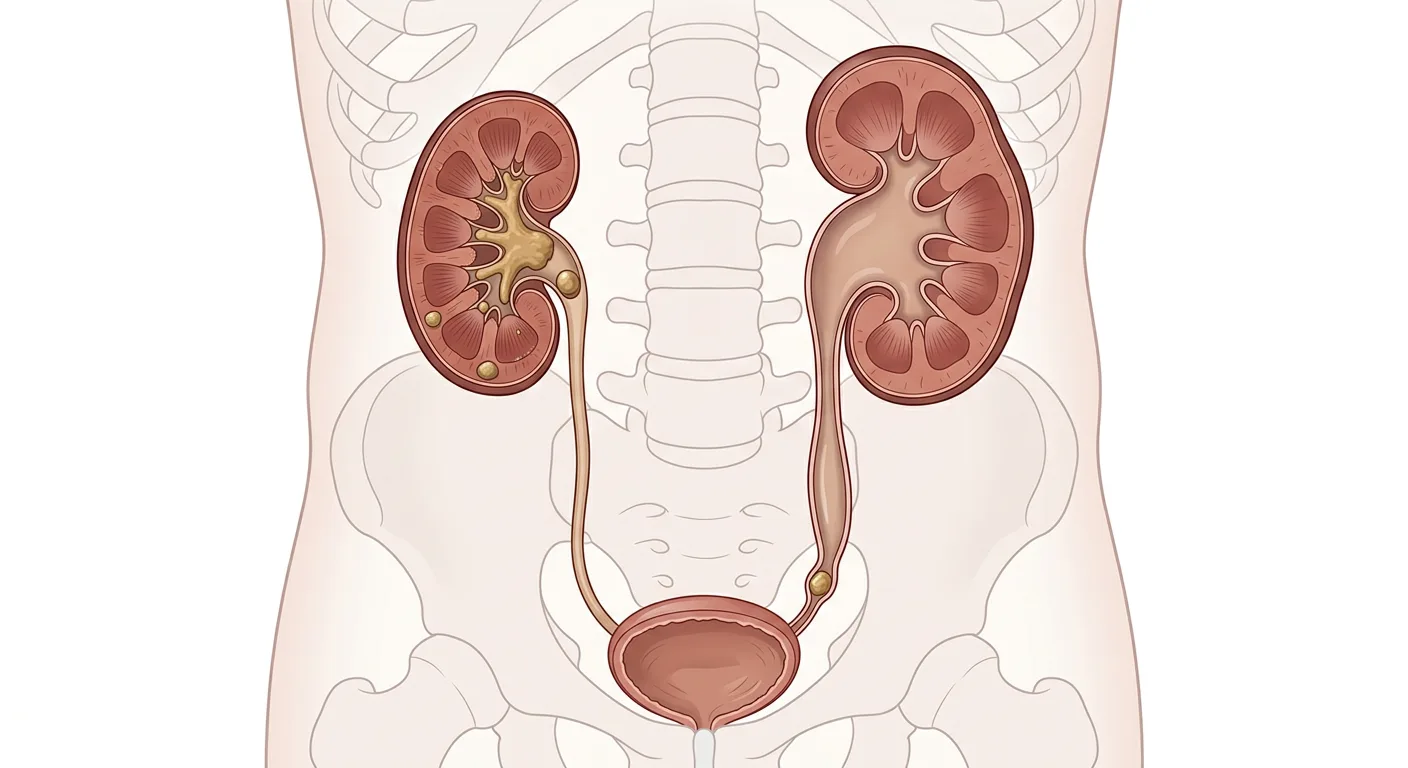 Harnwege von vorn mit einer Niere, die einen Ausgussstein und Kelchsteine enthält, und einer Niere mit Hydronephrose und erweitertem Ureter oberhalb eines distalen Uretersteins.