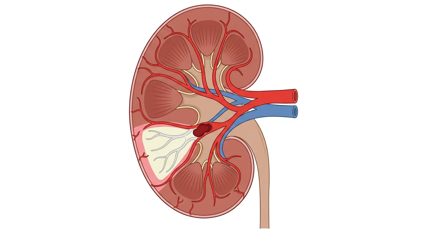 Frontalschnitt durch eine Niere, in der ein Embolus eine Segmentarterie verschließt. Distal des Embolus ist ein blasser keilförmiger Infarkt mit einem schmalen erhaltenen Saum perfundierten Kortex unter der Kapsel zu sehen.
