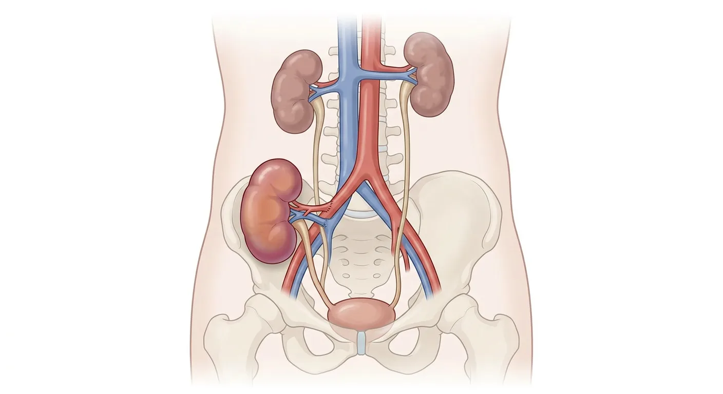 Abdomen und Becken von vorn mit zwei Eigennieren an normaler Stelle und einer transplantierten Niere in der rechten Fossa iliaca, verbunden mit den Beckengefäßen und der Harnblase.