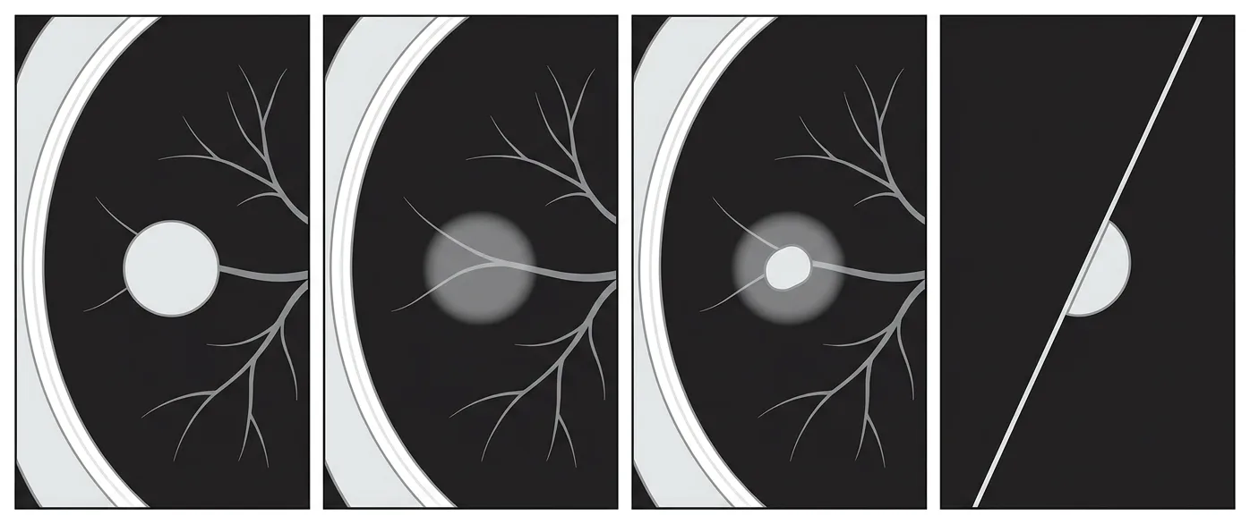 Vier schematische CT-Ausschnitte der Lunge im Lungenfenster: solider Rundherd, reiner Milchglasrundherd, teilsolider Rundherd und perifissuraler Rundherd.