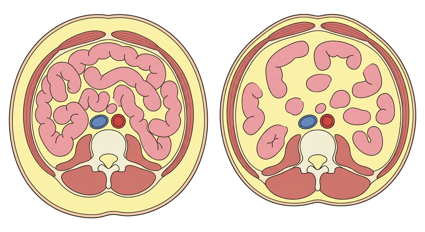 Zwei schematische Querschnitte des Abdomens in Nabelhöhe: links dickes subkutanes Fett und dicht gepackte Darmschlingen, rechts dünnes subkutanes Fett und reichlich viszerales Fett zwischen den Darmschlingen.